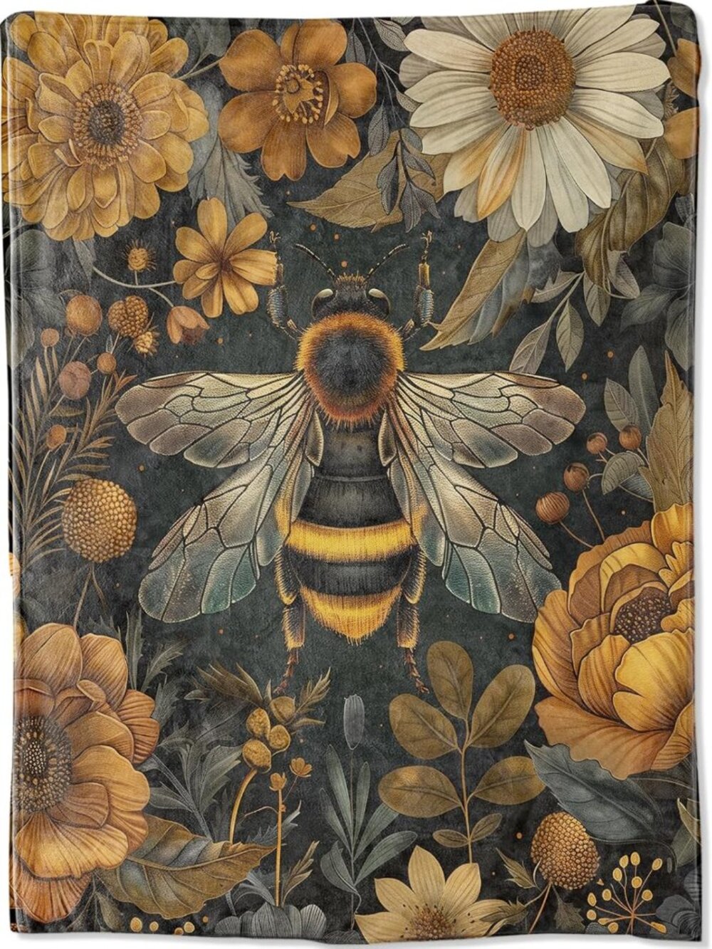 Buzzing Bee Floral Throw Blanket, Vintage Flower Bumblebee Blankets for Bedroom